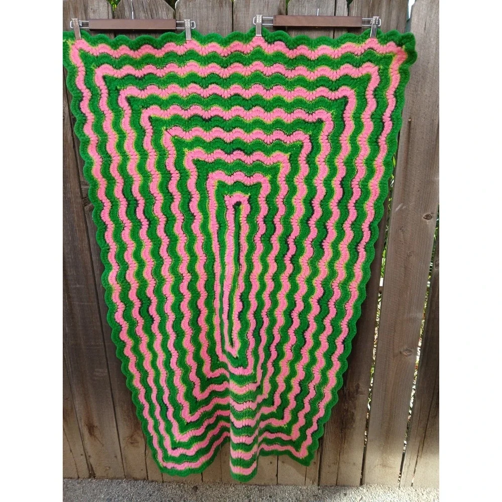 Vintage Retro Style Handmade Crochet Afghan Pink & Green Scalloped Chevron Throw